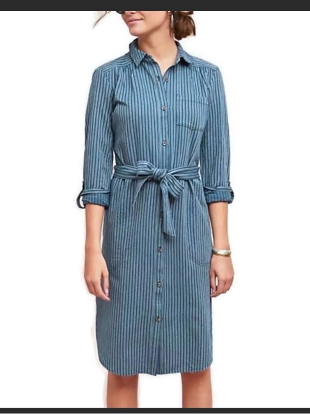 Anthropologie Striped Navy and White Shirt Dress with Tie